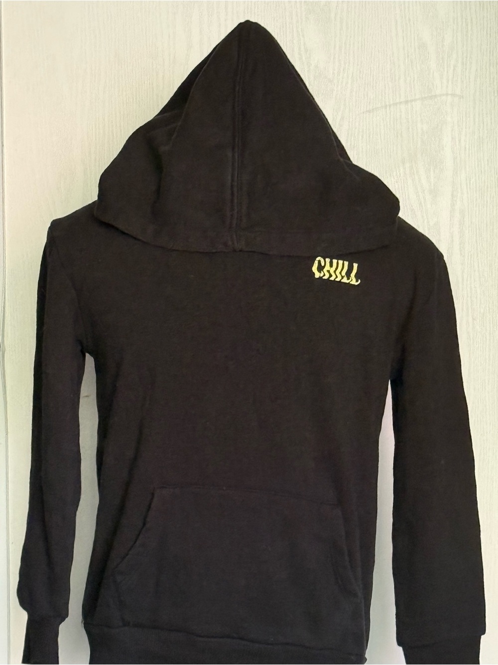 Glow in the Dark Kids Black Hoodie with Yellow "CHILL" Graphic Kangaroo pocket